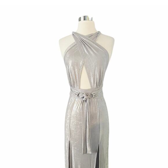 T. ZOVICH Maxi Dress Slinky Metallic Silver Multiway Halter Open Back Slits S/M - Picture 6 of 10